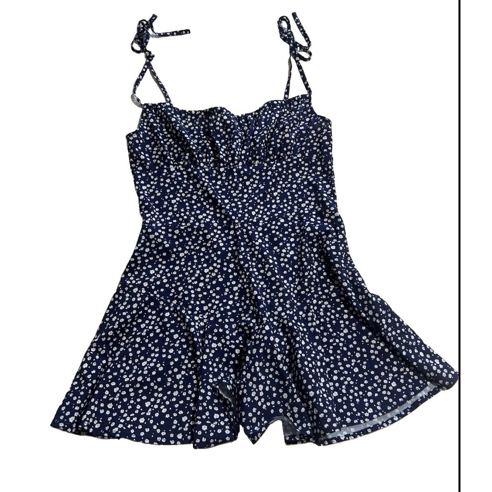 Navy‎ Blue Floral Tie Shoulder Smocked Back Romper Daisy Print Mini Jumpsuit